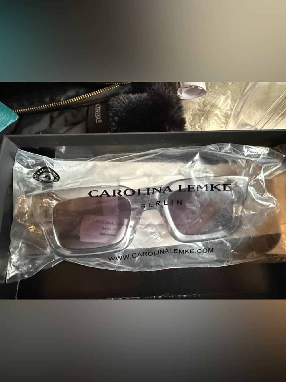 Carolina Lemke Clear Frame Sunglasses with Purple Lenses - Modern Square Style - Picture 3 of 10